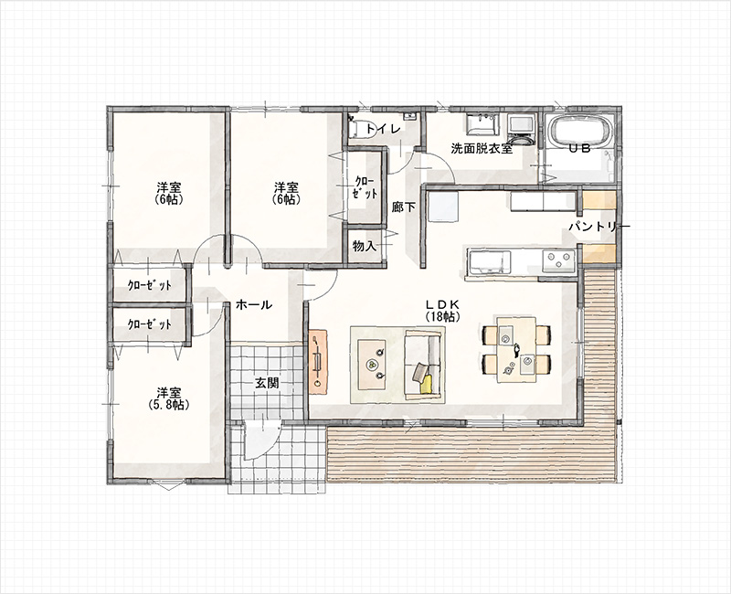 18帖の広々LDKの平屋の家